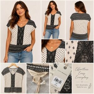 Lucky Brand Womens Black Cream Mixed Print V-Neck Short Sleeve Tee 7W83983 L